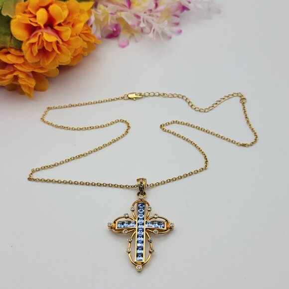 JBK Jackie Kennedy Blue Crystal Cross Necklace Gold Plated 20" Adjustable - Picture 1 of 10
